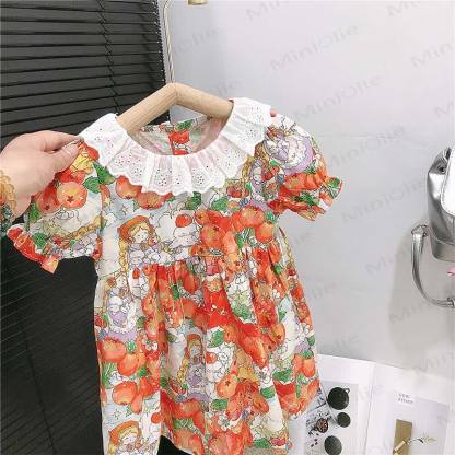 幼児用女の子向けコットンオレンジプリントパフスリーブDress - image 3