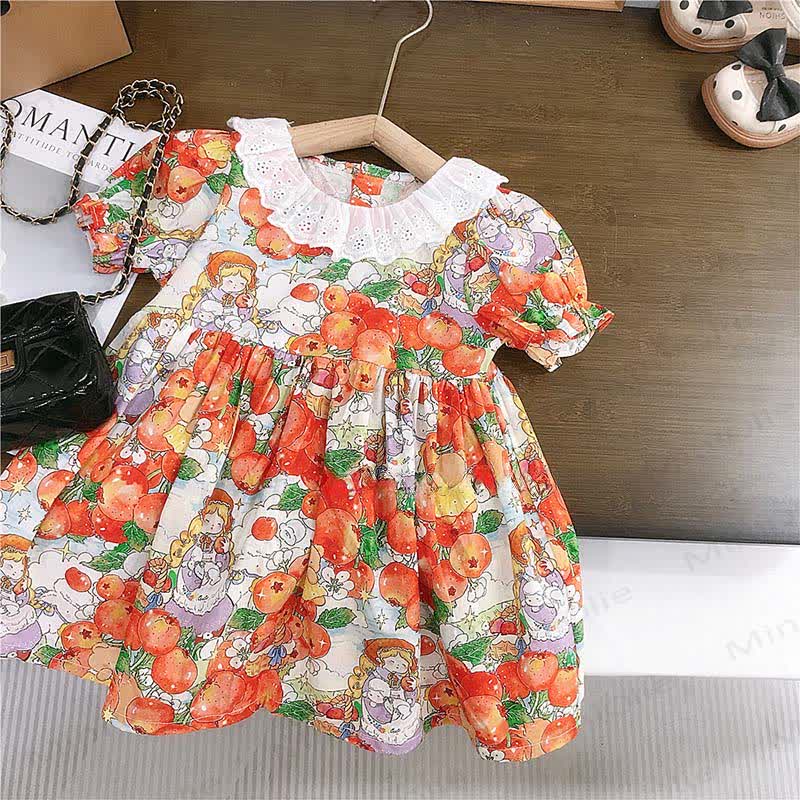 幼児用女の子向けコットンオレンジプリントパフスリーブDress - オレンジ - 8-9T - image 1