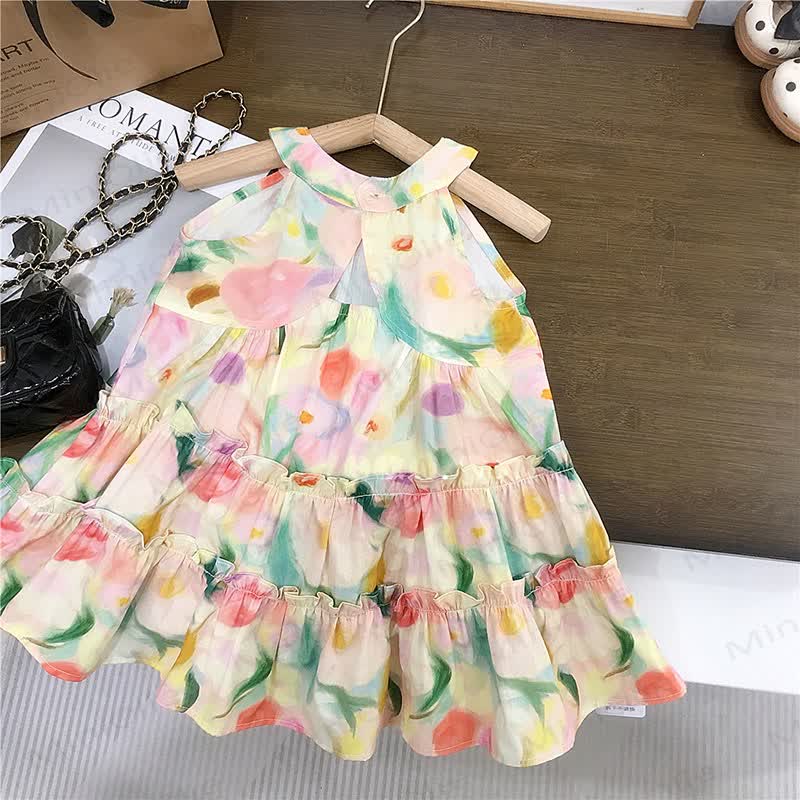 幼児用女の子向け花柄コットンノースリーブDress - ベージュ - 8-9T - image 1