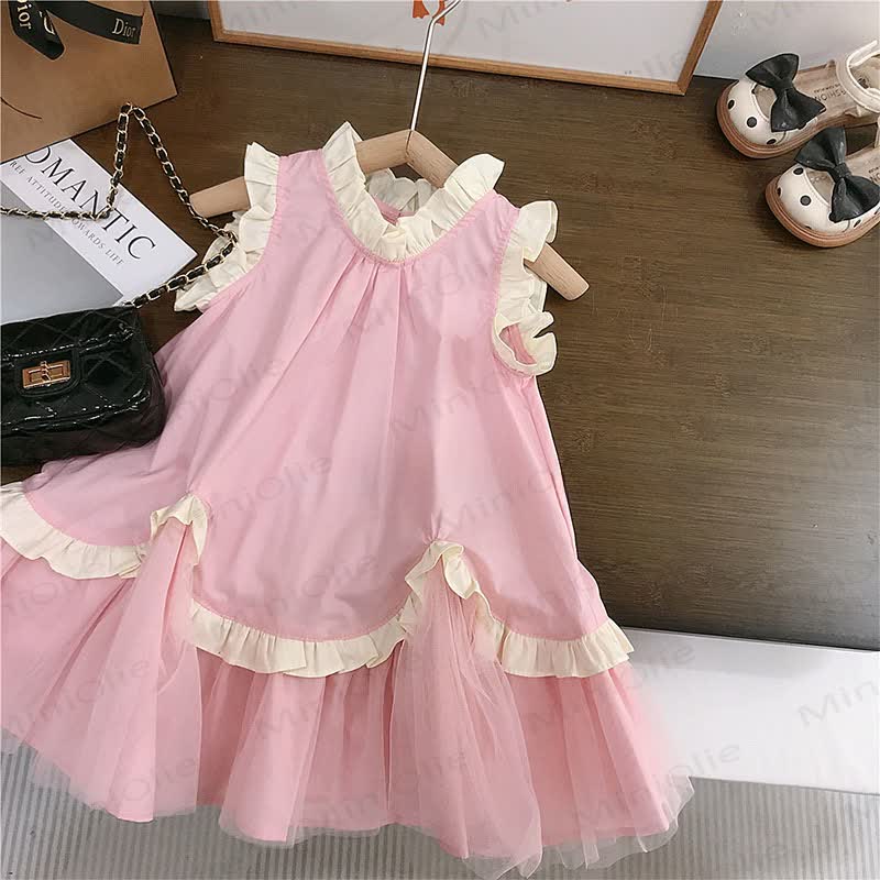 幼児用女の子向けコットン無地チュールノースリーブDress - ピンク - 8-9T - image 2