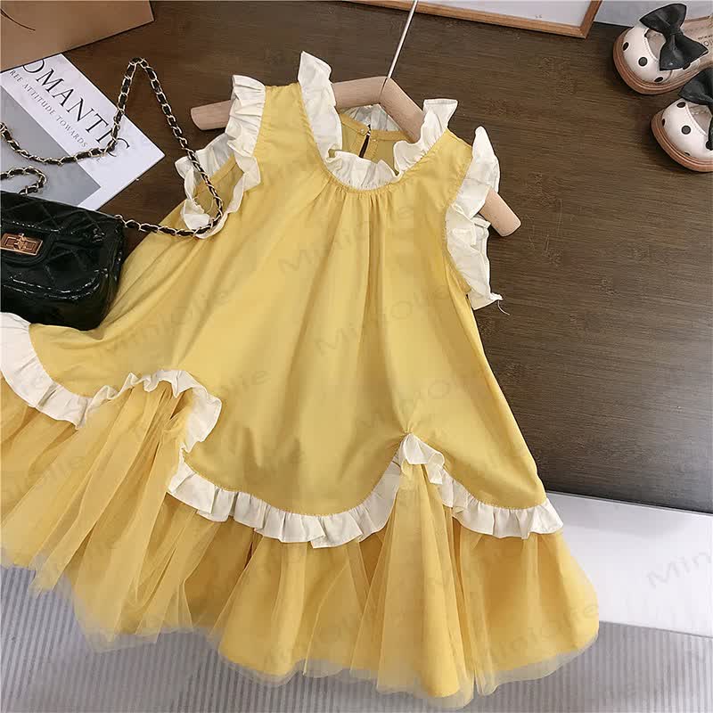 幼児用女の子向けコットン無地チュールノースリーブDress - 黄色 - 8-9T - image 1