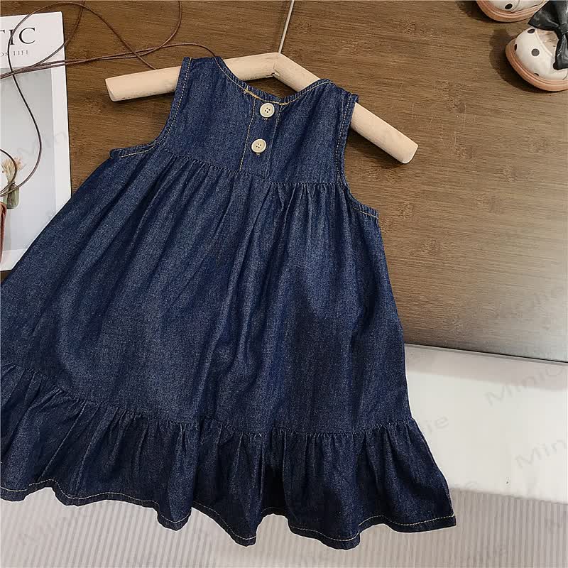 幼児用女の子向けコットンデニム蝶柄ノースリーブDress - image 2