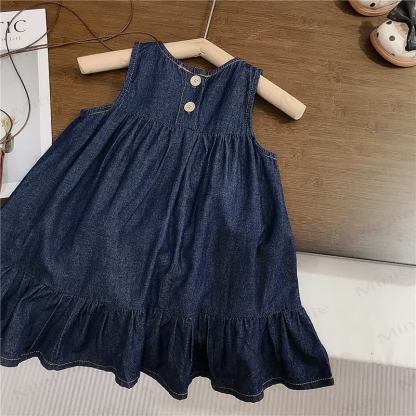 幼児用女の子向けコットンデニム蝶柄ノースリーブDress - image 2