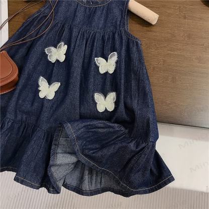 幼児用女の子向けコットンデニム蝶柄ノースリーブDress - image 4