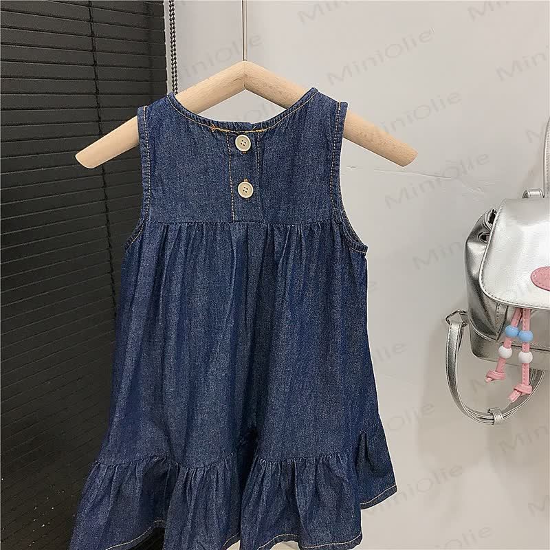 幼児用女の子向けコットンデニム蝶柄ノースリーブDress - image 3