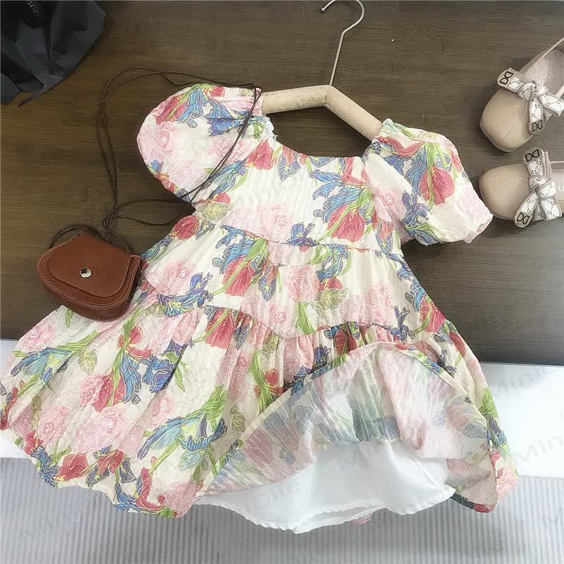 幼児用女の子向けコットン花柄パフスリーブDress - image 2