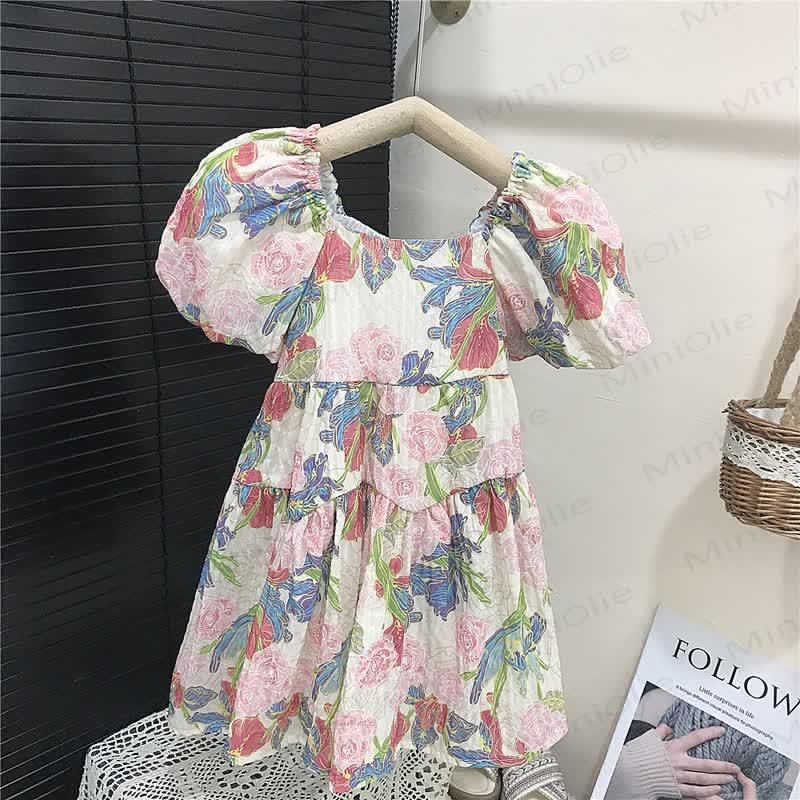 幼児用女の子向けコットン花柄パフスリーブDress - image 3