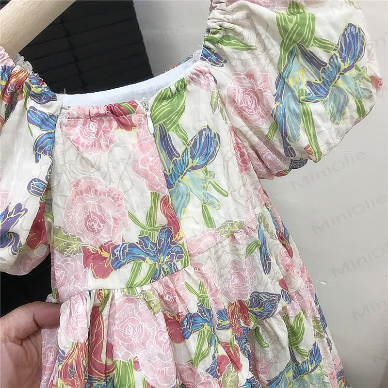 幼児用女の子向けコットン花柄パフスリーブDress - image 4
