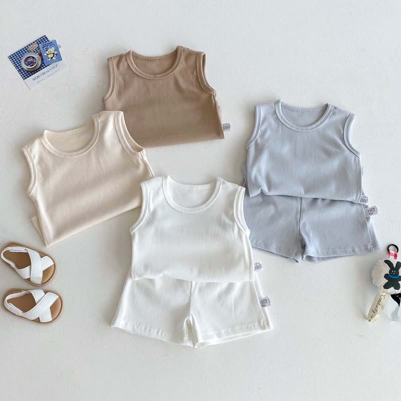 ベビーコットンリブ編み無地タンクトップ＆ショートパンツセット - image 1