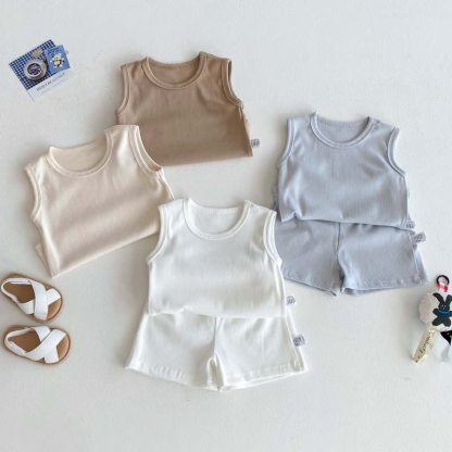 ベビーコットンリブ編み無地タンクトップ＆ショートパンツセット - image 1