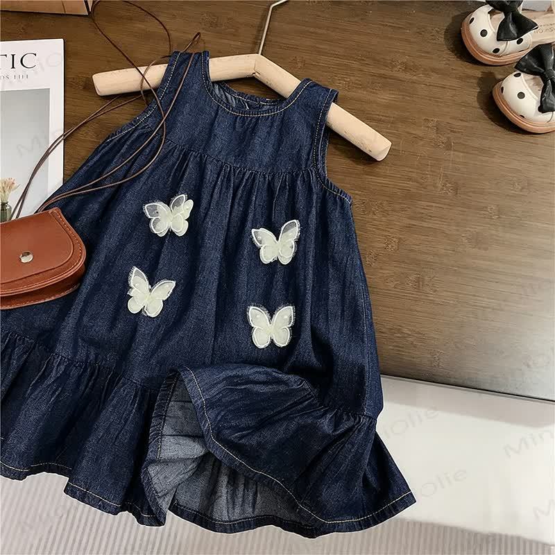 幼児用女の子向けコットンデニム蝶柄ノースリーブDress - 海軍 - 8-9T - image 1