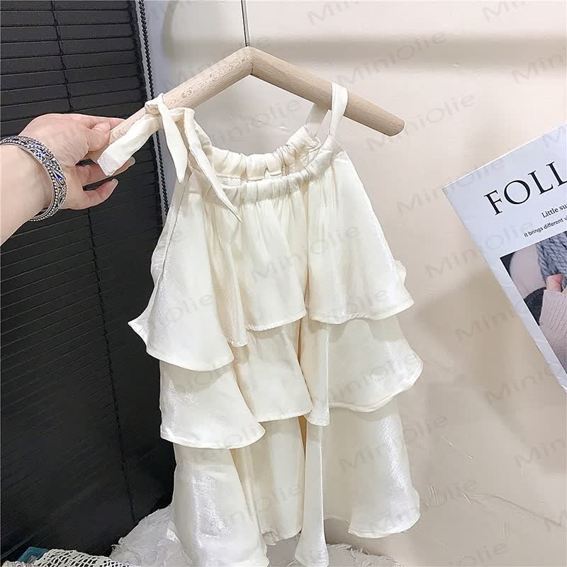 幼児用女の子向けコットンフリル付き無地ホワイトノースリーブDress - image 2