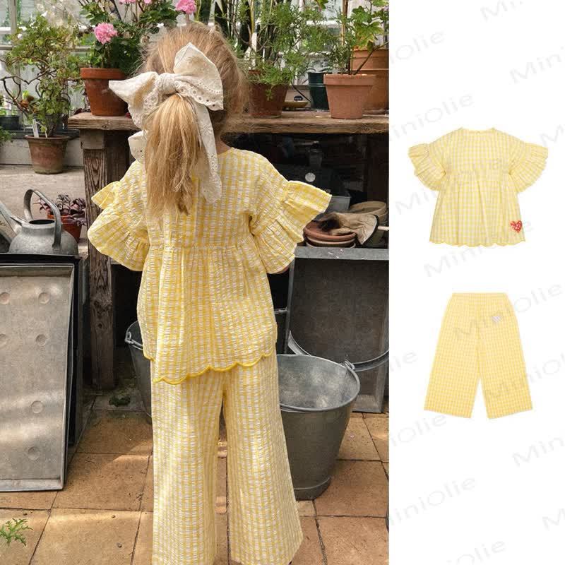 幼児用女の子向け 黄色コットンチェック柄ハートプリントトップスまたはパンツ - image 1