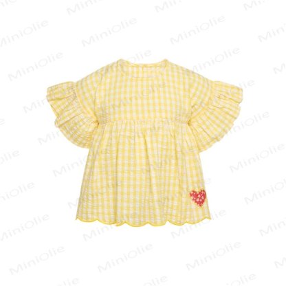 幼児用女の子向け 黄色コットンチェック柄ハートプリントトップスまたはパンツ - イエロートップ - 4～5歳 - image 2
