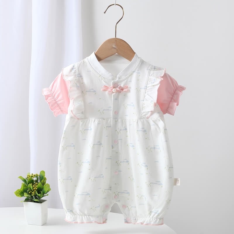 ベビーガール用チャイニーズ風カエルボタンフリルロンパース - ピンク - 18～24ヶ月 - image 1
