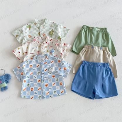 ベビー・幼児男の子用コットンチェックシャツまたは無地ショートパンツ - image 1
