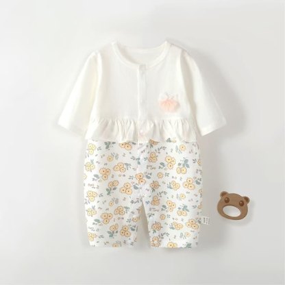 ベビー用花柄/うさぎ柄フリルロンパース - 白い花 - 12～18ヶ月 - image 2