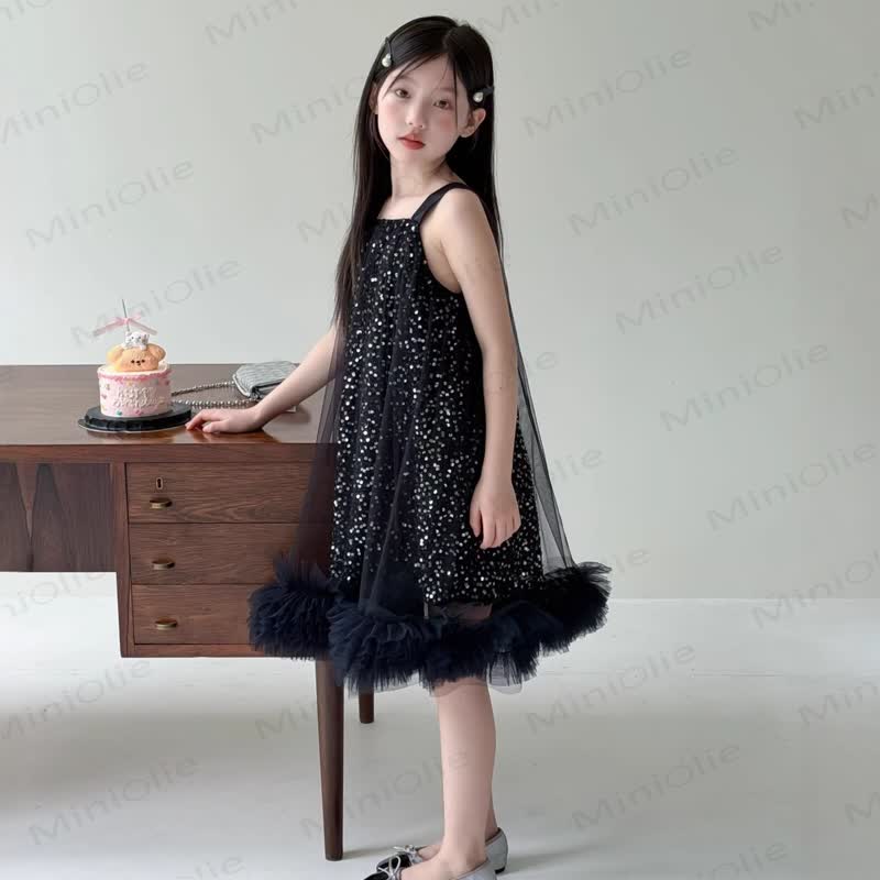 幼児・キッズ 女の子用 ブラック スパンコール チュール 水玉模様 ノースリーブDress - 黒 - 12～13歳 - image 1