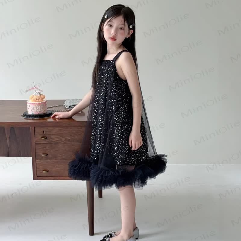 幼児・キッズ 女の子用 ブラック スパンコール チュール 水玉模様 ノースリーブDress - 黒 - 12～13歳 - image 1