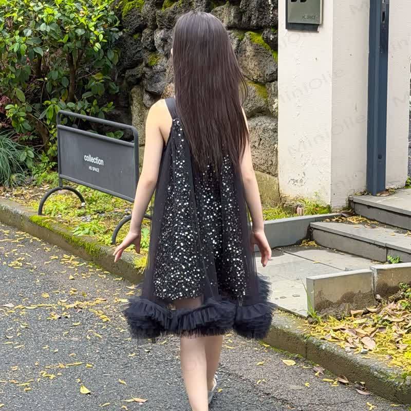 幼児・キッズ 女の子用 ブラック スパンコール チュール 水玉模様 ノースリーブDress - image 2