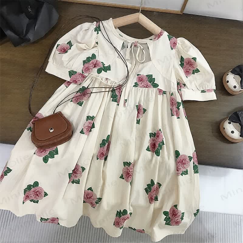 幼児用女の子向け花柄コットンパフスリーブDress - 白 - 8-9T - image 1