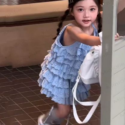 幼児用女の子向けブルーのフリル付きノースリーブDress - image 2