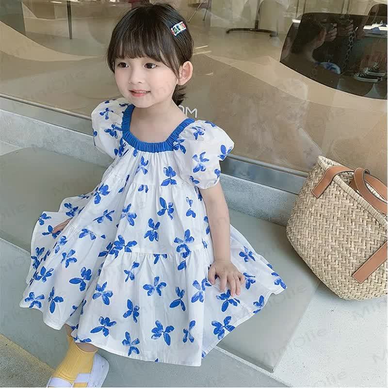 幼児用女の子向けブルーの花柄コットンパフスリーブDress - 白 - 6～7歳 - image 1