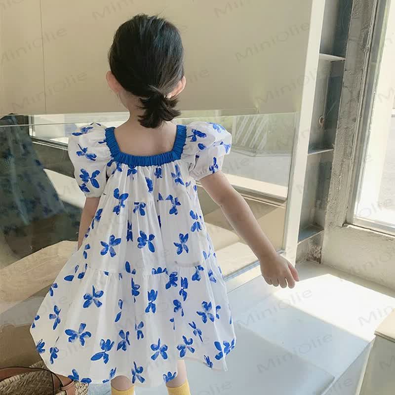 幼児用女の子向けブルーの花柄コットンパフスリーブDress - image 3