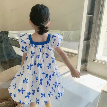 幼児用女の子向けブルーの花柄コットンパフスリーブDress - image 3