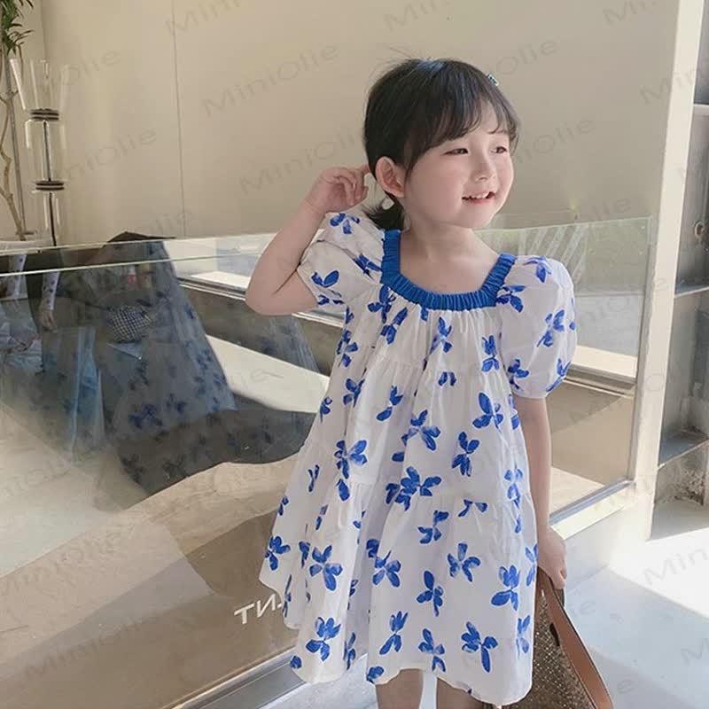 幼児用女の子向けブルーの花柄コットンパフスリーブDress - image 2