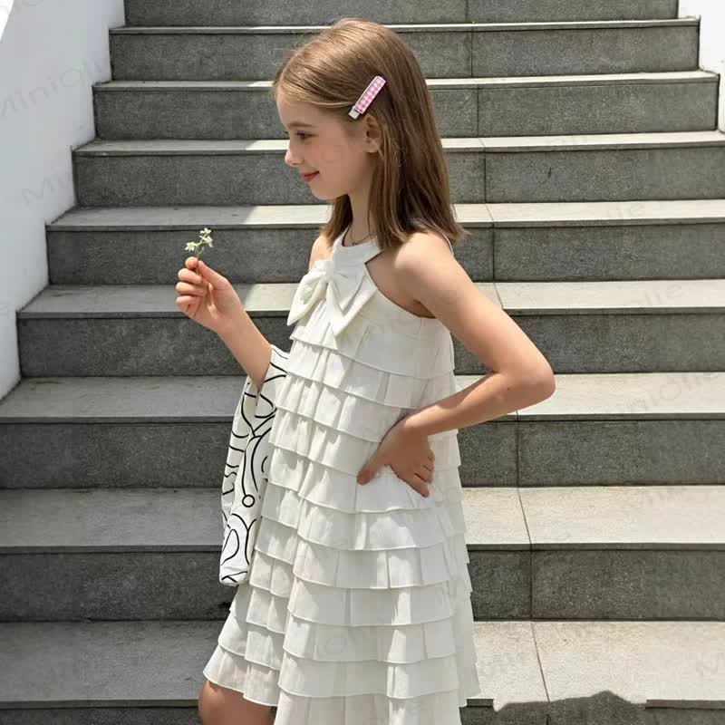 幼児用女の子用リボンフリル無地ホワイトノースリーブDress - 白 - 8-9T - image 1