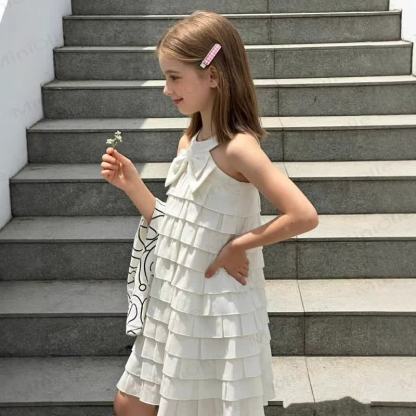 幼児用女の子用リボンフリル無地ホワイトノースリーブDress - 白 - 8-9T - image 1