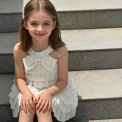 幼児用女の子用リボンフリル無地ホワイトノースリーブDress - image 2