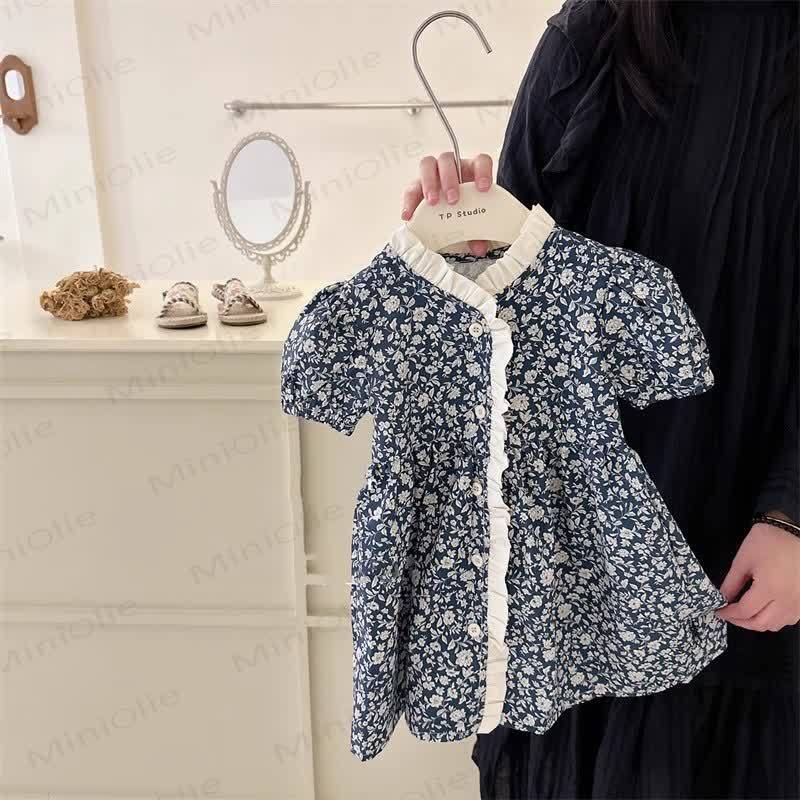 幼児用女の子向け花柄パフスリーブDress - 海軍 - 6～7歳 - image 1