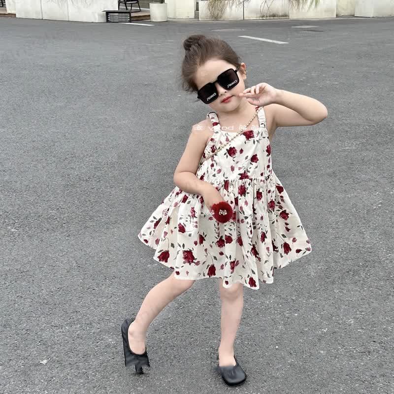 幼児用女の子向けローズプリントコットンノースリーブDress - 白 - 8-9T - image 1