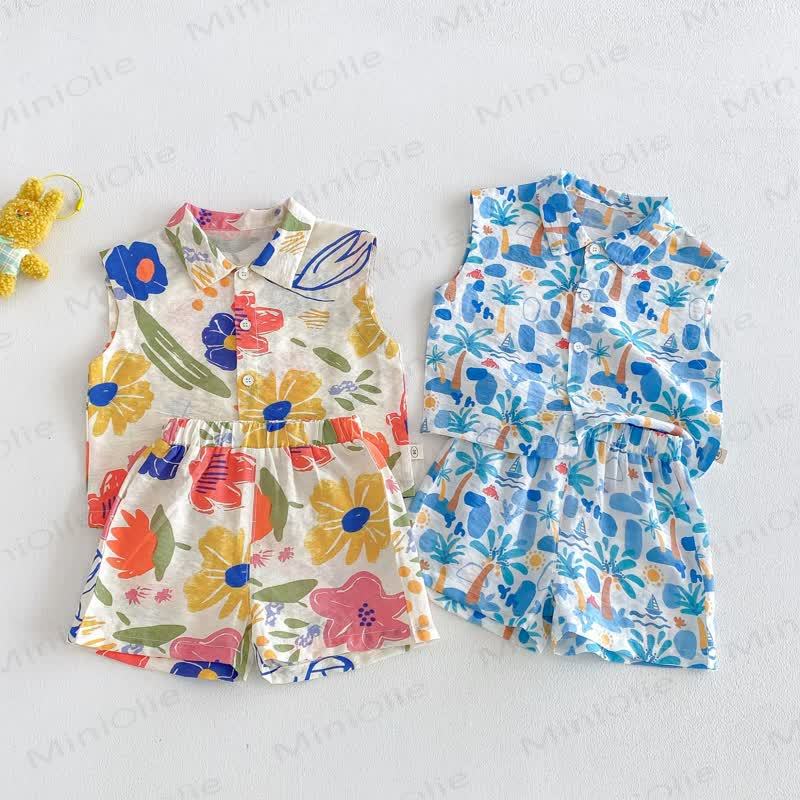 ベビー幼児用 花柄パーム柄レーヨンタンクトップ＆ショートパンツセット - image 1