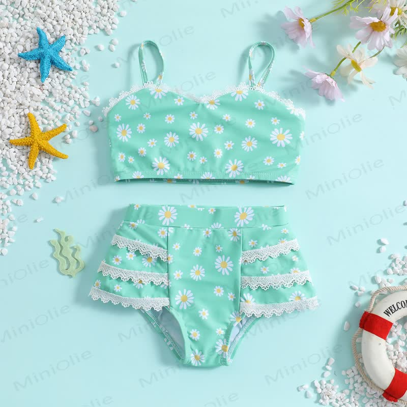 幼児用女の子デイジー柄ツーピース水着 - 緑 - 6-7Y - image 1