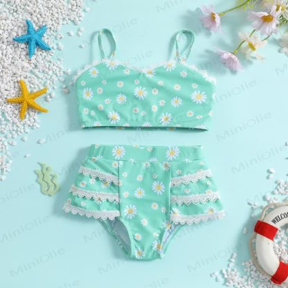 幼児用女の子デイジー柄ツーピース水着 - 緑 - 6-7Y - image 1