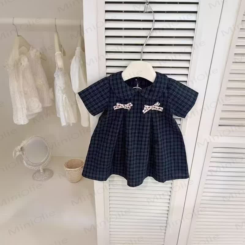 幼児用女の子向けコットンネイビーチェック柄リボン付きDress - 海軍 - 6～7歳 - image 1