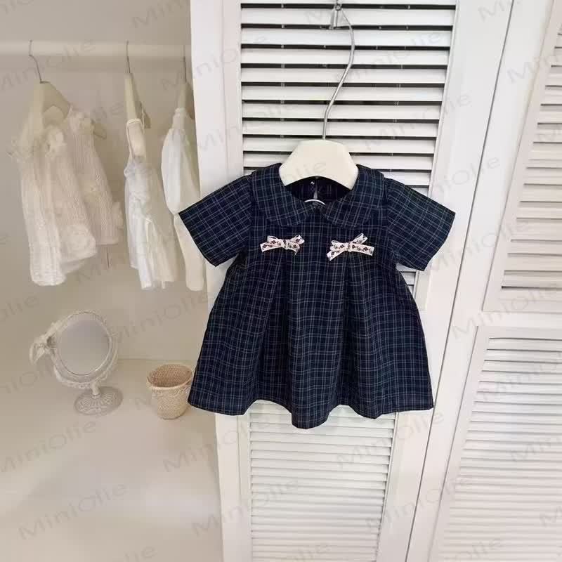 幼児用女の子向けコットンネイビーチェック柄リボン付きDress - 海軍 - 6～7歳 - image 1