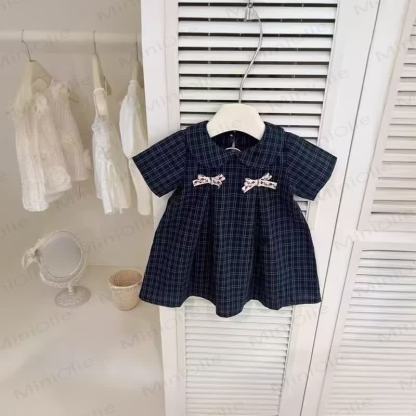 幼児用女の子向けコットンネイビーチェック柄リボン付きDress - 海軍 - 6～7歳 - image 1