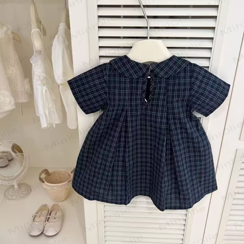 幼児用女の子向けコットンネイビーチェック柄リボン付きDress - image 2