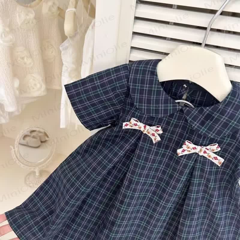 幼児用女の子向けコットンネイビーチェック柄リボン付きDress - image 3