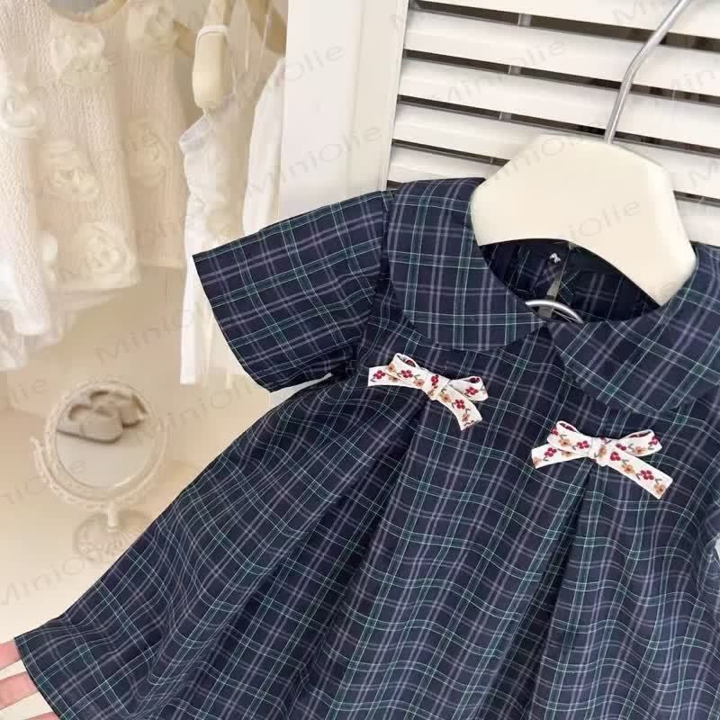 幼児用女の子向けコットンネイビーチェック柄リボン付きDress - image 3