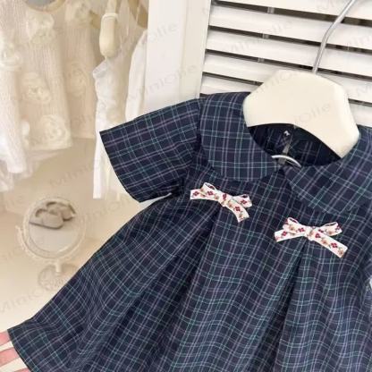 幼児用女の子向けコットンネイビーチェック柄リボン付きDress - image 3