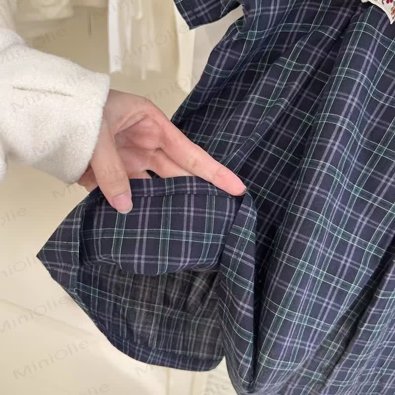 幼児用女の子向けコットンネイビーチェック柄リボン付きDress - image 4