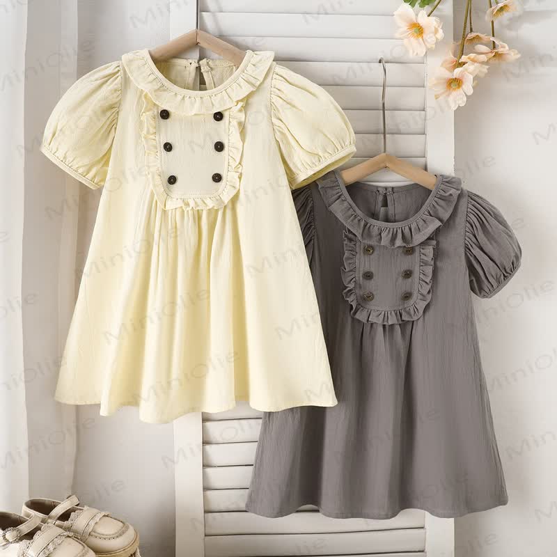 幼児用女の子向けコットン製フリル襟パフスリーブ無地Dress - image 1