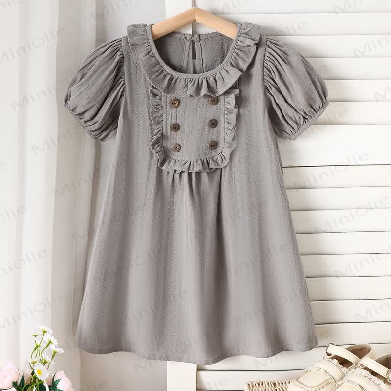 幼児用女の子向けコットン製フリル襟パフスリーブ無地Dress - グレー - 6～7歳 - image 2