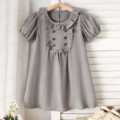 幼児用女の子向けコットン製フリル襟パフスリーブ無地Dress - グレー - 6～7歳 - image 2