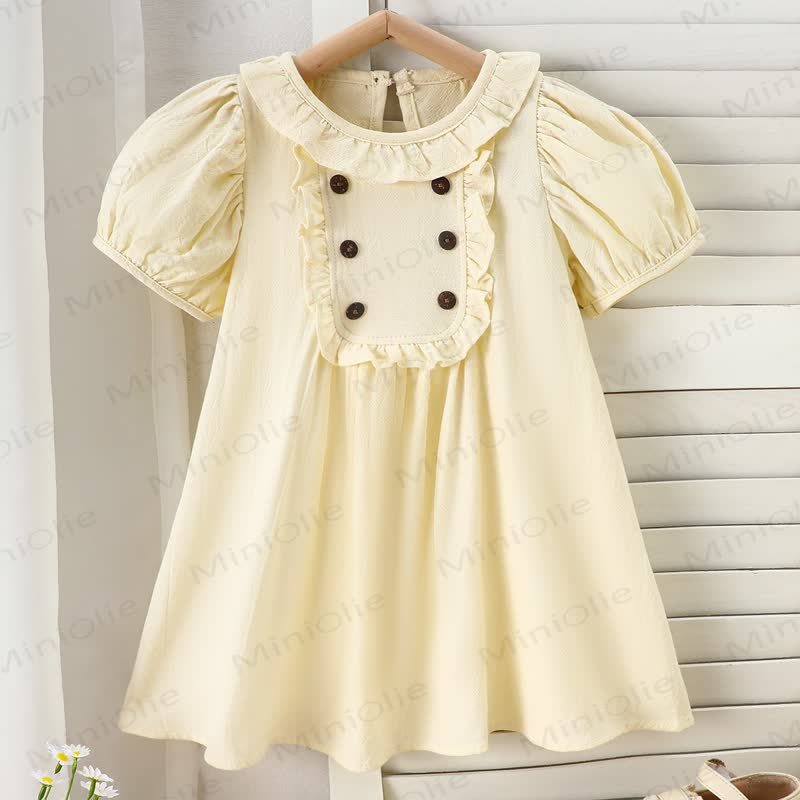幼児用女の子向けコットン製フリル襟パフスリーブ無地Dress - ベージュ - 6～7歳 - image 3